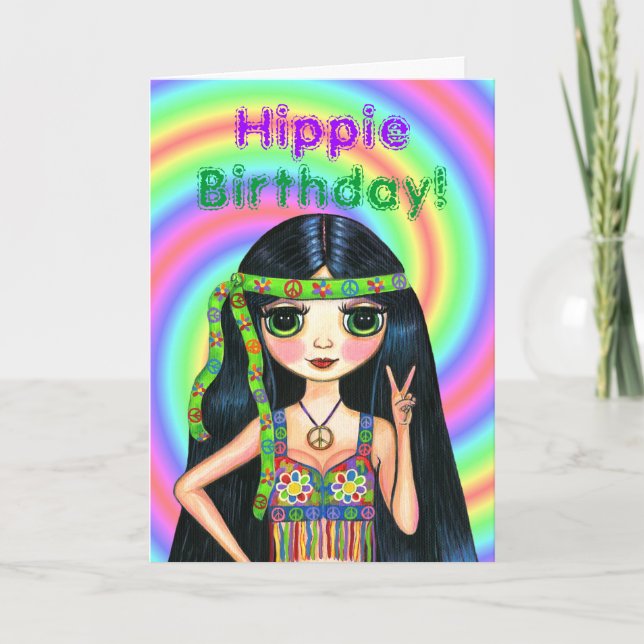 Cartão Aniversário do Hippie! Menina psicadélico bonito (Frente)