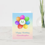 Cartão Aniversário do monograma da flor de balões do<br><div class="desc">Cartão de aniversário Monogrammed para sua neta - flor de balões do arco-íris.  Você pode mudar a pia batismal,  a cor e o tamanho na frente do cartão e do interior.</div>