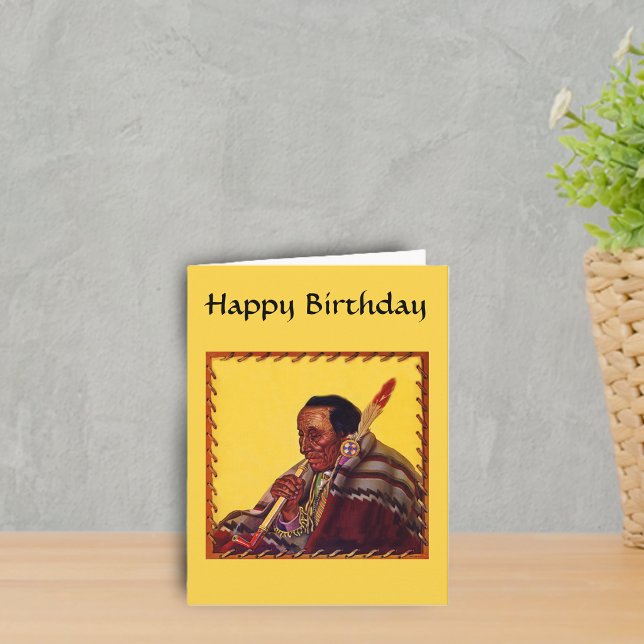 Cartão Aniversário do Native American Warrior Peace Pipe (Native American male peace pipe stitched border on yellow happy Birthday greeting card.)