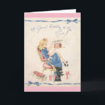 Cartão Aniversário do vintage a uma irmã,<br><div class="desc">Uma imagem de cartão do aniversário do vintage caracteriza uma jovem mulher que comemora seu aniversário no estilo. Senta-se em uma cadeira cor-de-rosa com uma caixa de dúzia rosas e presentes de aniversário em seus pés. Seu cão de Terrier do Scottish do animal de estimação senta-se acima em seus haunches...</div>