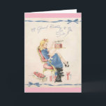 Cartão Aniversário do vintage a uma irmã,<br><div class="desc">Uma imagem de cartão do aniversário do vintage caracteriza uma jovem mulher que comemora seu aniversário no estilo. Senta-se em uma cadeira cor-de-rosa com uma caixa de dúzia rosas e presentes de aniversário em seus pés. Seu cão de Terrier do Scottish do animal de estimação senta-se acima em seus haunches...</div>