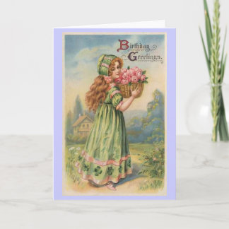 Cartão Aniversário do vintage dos rosas da menina do