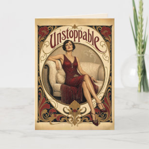 Cartão Aniversário Dourado Mulher Aprumada em Estilo Art