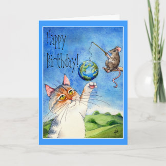 Cartão Aniversário engraçado de gato e rato