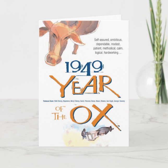 Cartão Aniversário engraçado do boi do zodíaco de 1949 (Frente)