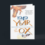 Cartão Aniversário engraçado do boi do zodíaco de 1949<br><div class="desc">Os 1949 "ano cartões de aniversário chineses engraçado do zodíaco do boi" alistam "bois famosos" como a princesa Diana e George Clooney,  junto com traços positivos da personalidade. O texto interno pode ser personalizado ou removido.</div>