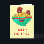 Cartão Aniversário engraçado dos meatballs dos espaguetes<br><div class="desc">Um engraçado,  um hipster,  uma ilustração original na moda,  legal da arte dos espaguetes e um alimento dos meatballs por Zoe Tuong. Este cartão de aniversário bonito e colorido dos desenhos animados do pop art tem uma cor customisable do fundo e iluminá-la-á acima de seu dia. Deliciosa!</div>