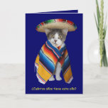 Cartão Aniversário espanhol engraçado do gato/gatinho<br><div class="desc">Mikey em um sombrero e em um serape. Na parte dianteira é a tradução que eu obtive para "como idoso é você este ano?" Dentro dela diz "Caramba!" qual é supor traduzir como o "wow! ", entre outras coisas. Você pode mudar a cor do fundo, muda o texto, as pias...</div>