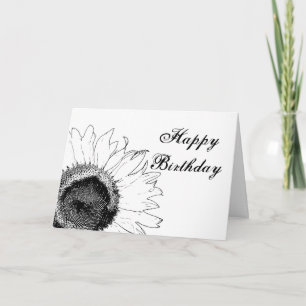 Cartão Aniversário feliz de girassol preto e branco