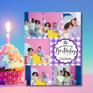 Cartão Aniversário Feminino Roxo Colagem de 7 Fotos para