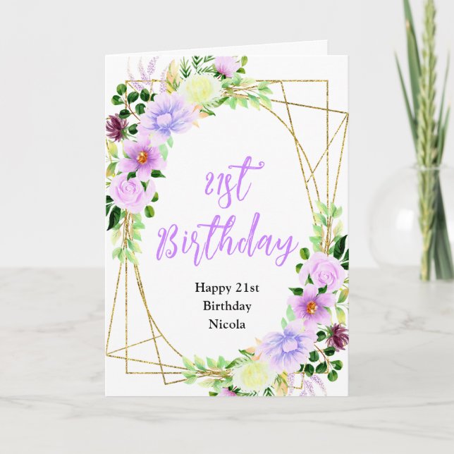 Cartão Aniversário Floral Roxo de Primavera (Frente)
