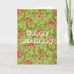 Cartão Aniversário floral vintage verde e rosa