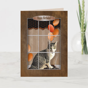 Cartão Aniversário - Gato Olhando para a Janela - Balões
