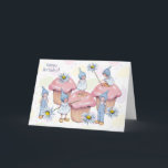 Cartão Aniversário, gnomos e cupcakes, crosta de gelo<br><div class="desc">Esta é minha ilustração original de um grupo de crianças do gnomo que jogam em torno de alguns cupcakes saborosos com crosta de gelo cor-de-rosa.</div>
