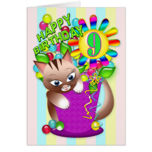 Cartão Aniversário - Idade 9 - Celebração de Gatos Gatinh