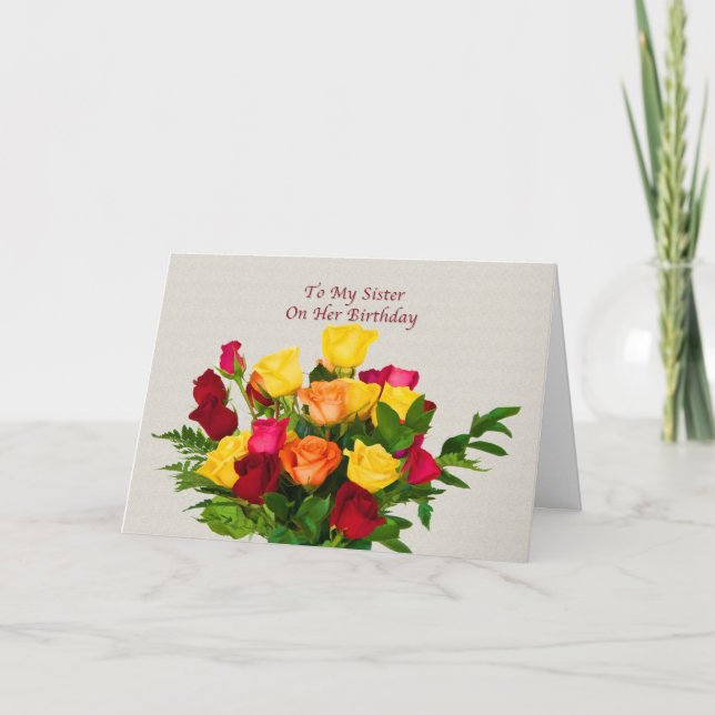 Cartão Aniversário, Irmã, Placa Rose Bouquet (Frente)