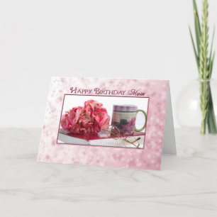 Cartão Aniversário - MÃE - Rosas rosa/Livro/Caneca