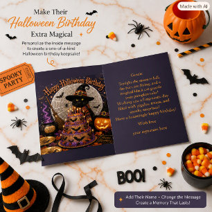 Cartão Aniversário Mágico de Gato Preto de Halloween para