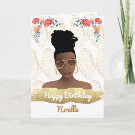 Cartão Aniversário, Mulher Negra, Flores Whimsical Dourad