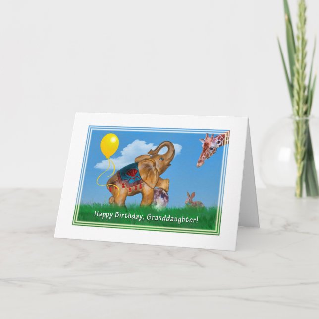 Cartão Aniversário, neta, elefante, girafa (Frente)