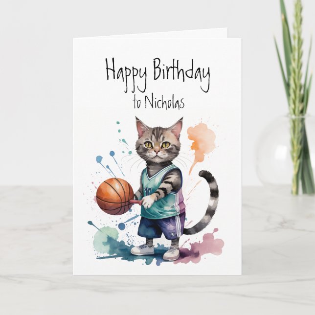 Cartão Aniversário Nome Personalizado Cat Jogando Basquet (Frente)