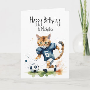 Cartão Aniversário Nome Personalizado Cat Jogando Futebol