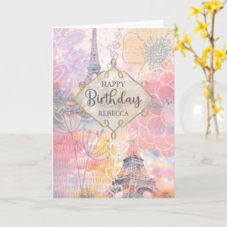 Cartão Aniversário Nome Personalizado Eiffel Tower Waterc