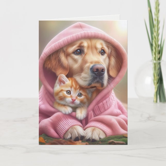 Cartão Aniversário Ouro Retriever e Kitten em um Hoodie (Frente)