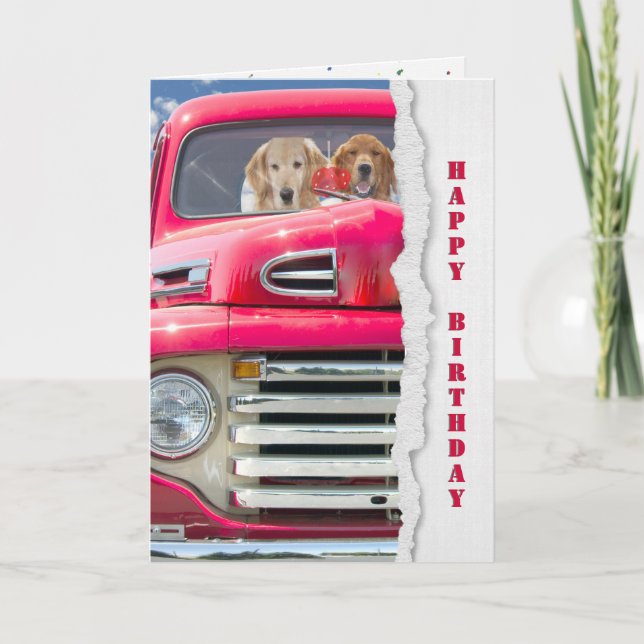 Cartão Aniversário Ouro Retriever no Caminhão Vermelho (Frente)