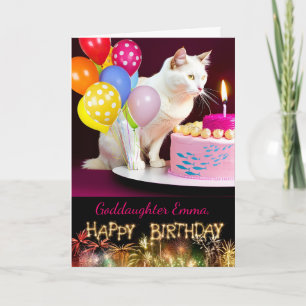 Cartão Aniversário para a Filha-Deus com Gato Branco e Bo