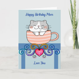 Cartão Aniversário para a mãe com Gato na Taça do Café