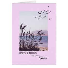 Cartão Aniversário para irmã, cena costeira