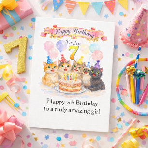 Cartão Aniversário para Meninas de 7 Anos - Gatinho Fofo