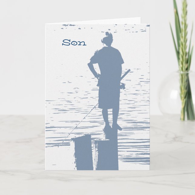 Cartão Aniversário para um filho, garoto pescando de toco (Frente)