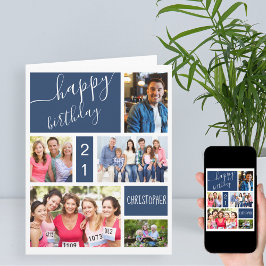 Cartão Aniversário Personalizado Azul de Colagem de Fotog