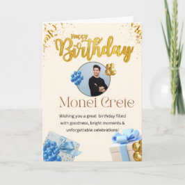 Cartão Aniversário Personalizado Dourado e Azul Masculino