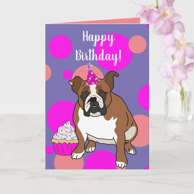 Cartão Aniversário personalizável do Bulldog Inglês (Orquídea)