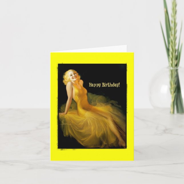 Cartão Aniversário Pinup em amarelo (Frente)
