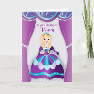 Cartão Aniversário, Princesa Vestida em Púrpura e Azul