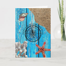 Cartão Aniversário Russo Azul Madeira Burlap Starfish