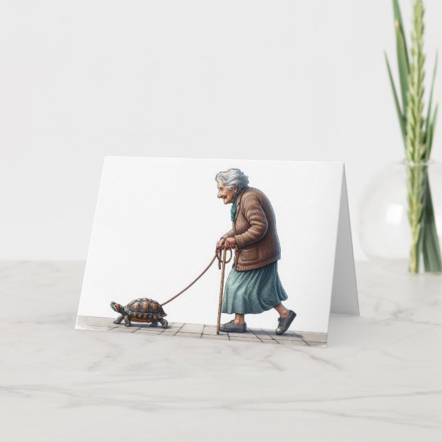 Cartão Aniversário Senhora Andando uma Tartaruga (Frente)
