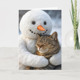 Cartão Aniversário Snowman a Abraçar um Gato de Tabby
