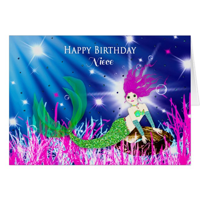 Cartão Aniversário, sobrinha, Sereia no mar profundo (Frente Horizontal)