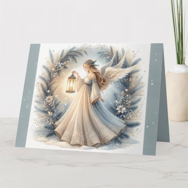 Cartão Anjo Celestial de Inverno Lanterna da Paz (Frente)