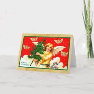 Cartão Anjo de Carro Amarelo Carregando Árvore de Natal