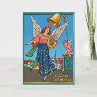 Cartão Anjo de Natal Antigo Sino Dourado Harpa