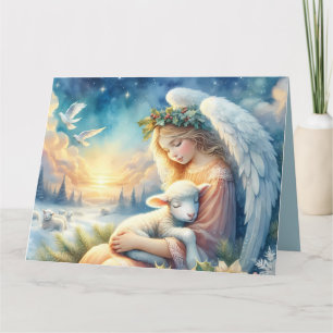 Cartão Anjo de Natal com Lamb na Paz de inverno