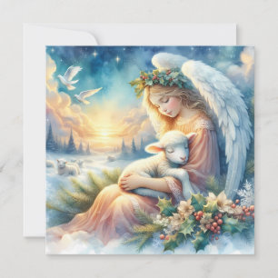 Cartão Anjo de Natal com Lamb na Paz de inverno
