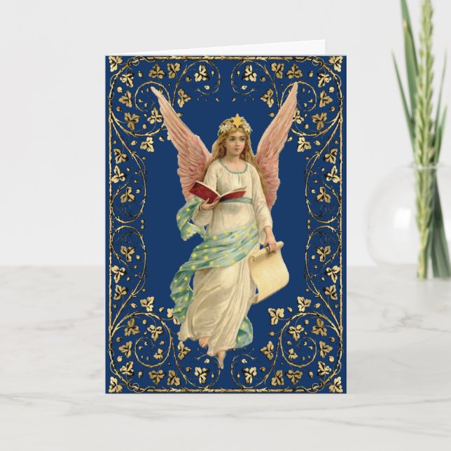 Cartão Anjo de Natal no Quadro Dourado Ornamentado em Azu (Frente)