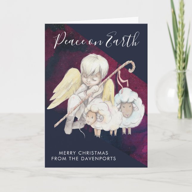 Cartão Anjo de Natal Shepherd com Lambs Holiday (Frente)